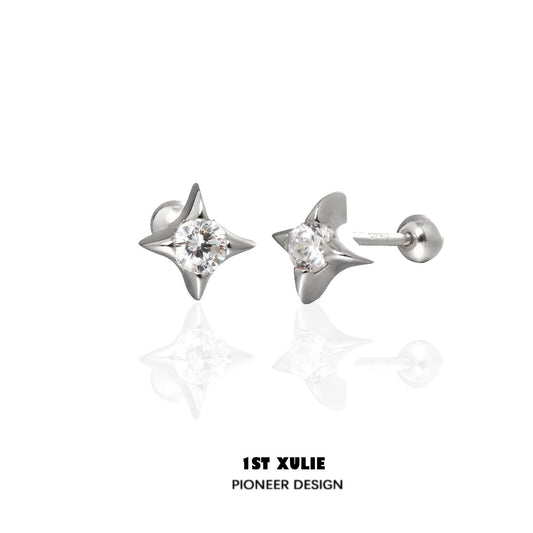 1ST XULIE "Star Trails" Dainty Four-Pointed Star Stud Earrings in 925 Sterling Silver - Front View