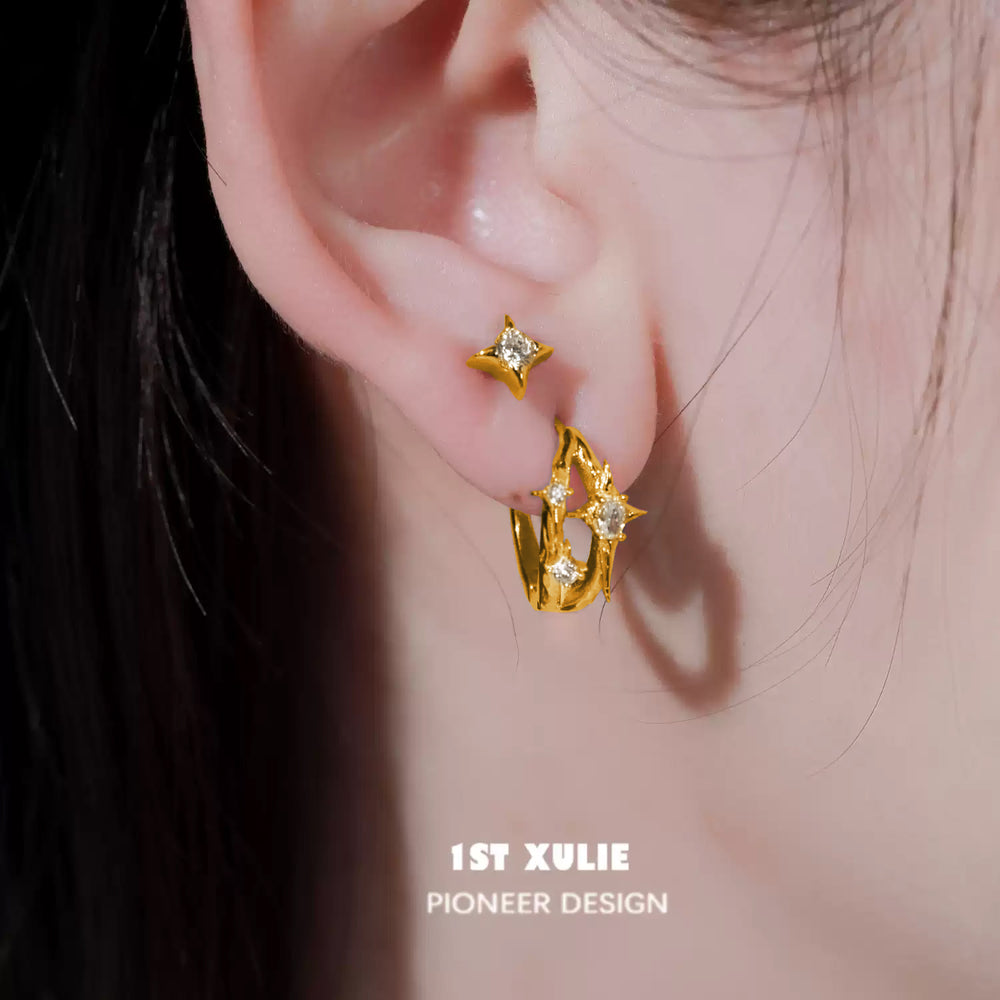 1ST XULIE "Star Trails" Dainty Four-Pointed Star Stud Earrings in 925 Sterling Silver - Lifestyle Shot