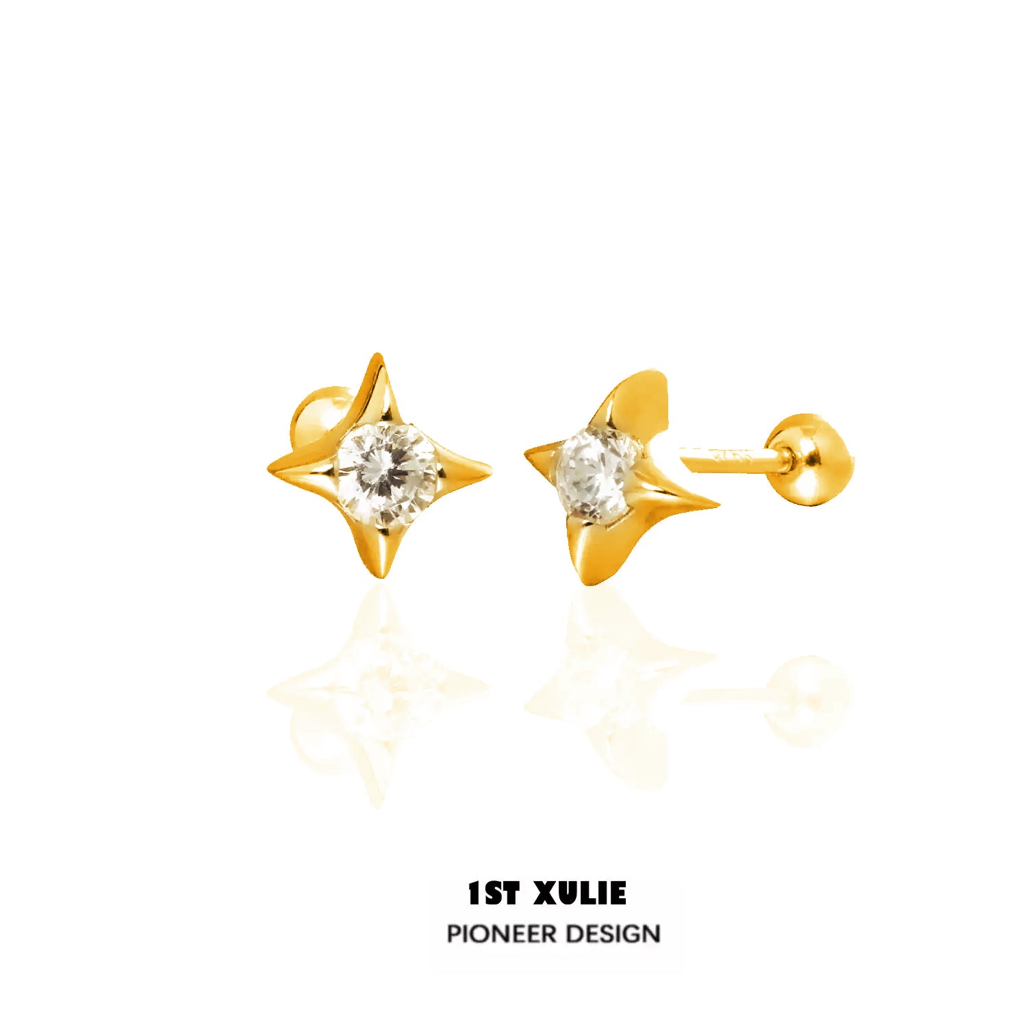 1ST XULIE "Star Trails" Dainty Four-Pointed Star Stud Earrings in 925 Sterling Silver - Main Product Image