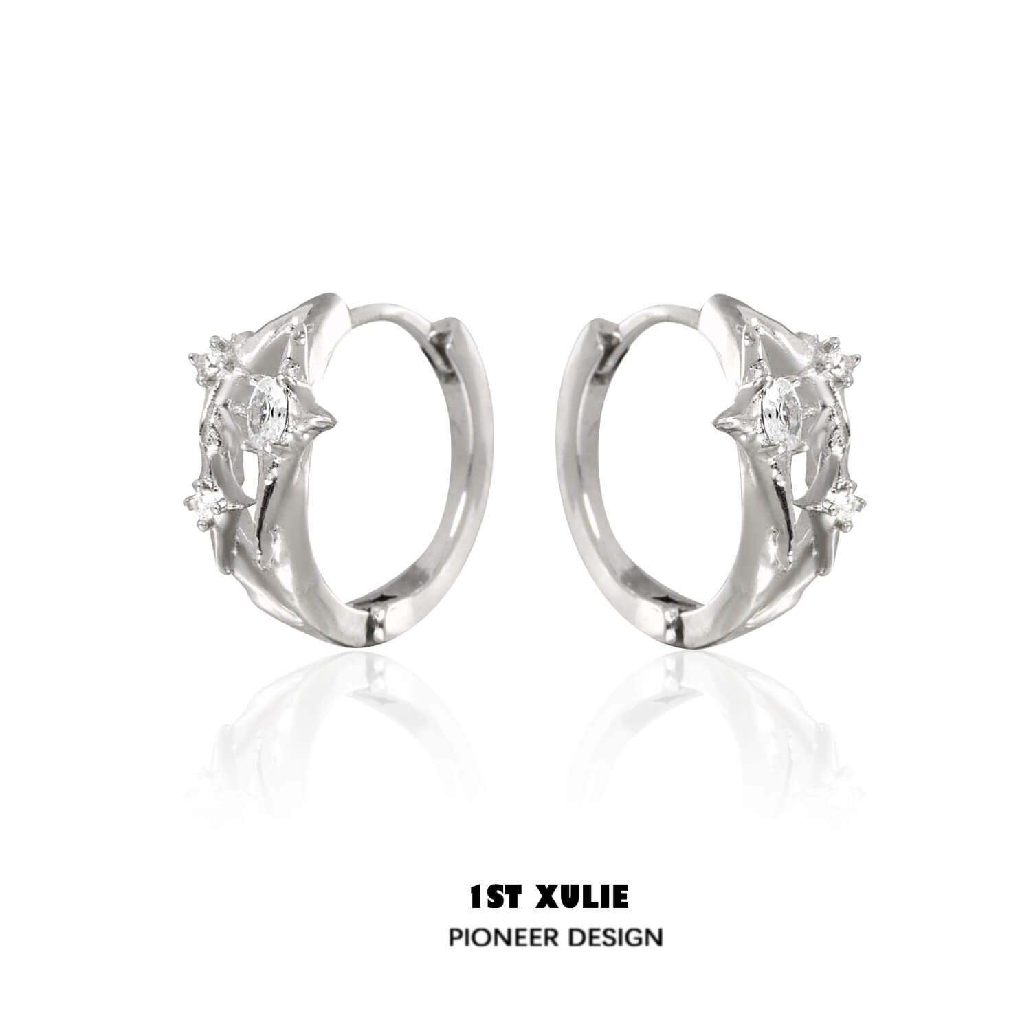 1ST XULIE "Star Trails" Dainty Four-Pointed Star Stud Earrings in 925 Sterling Silver - On Model