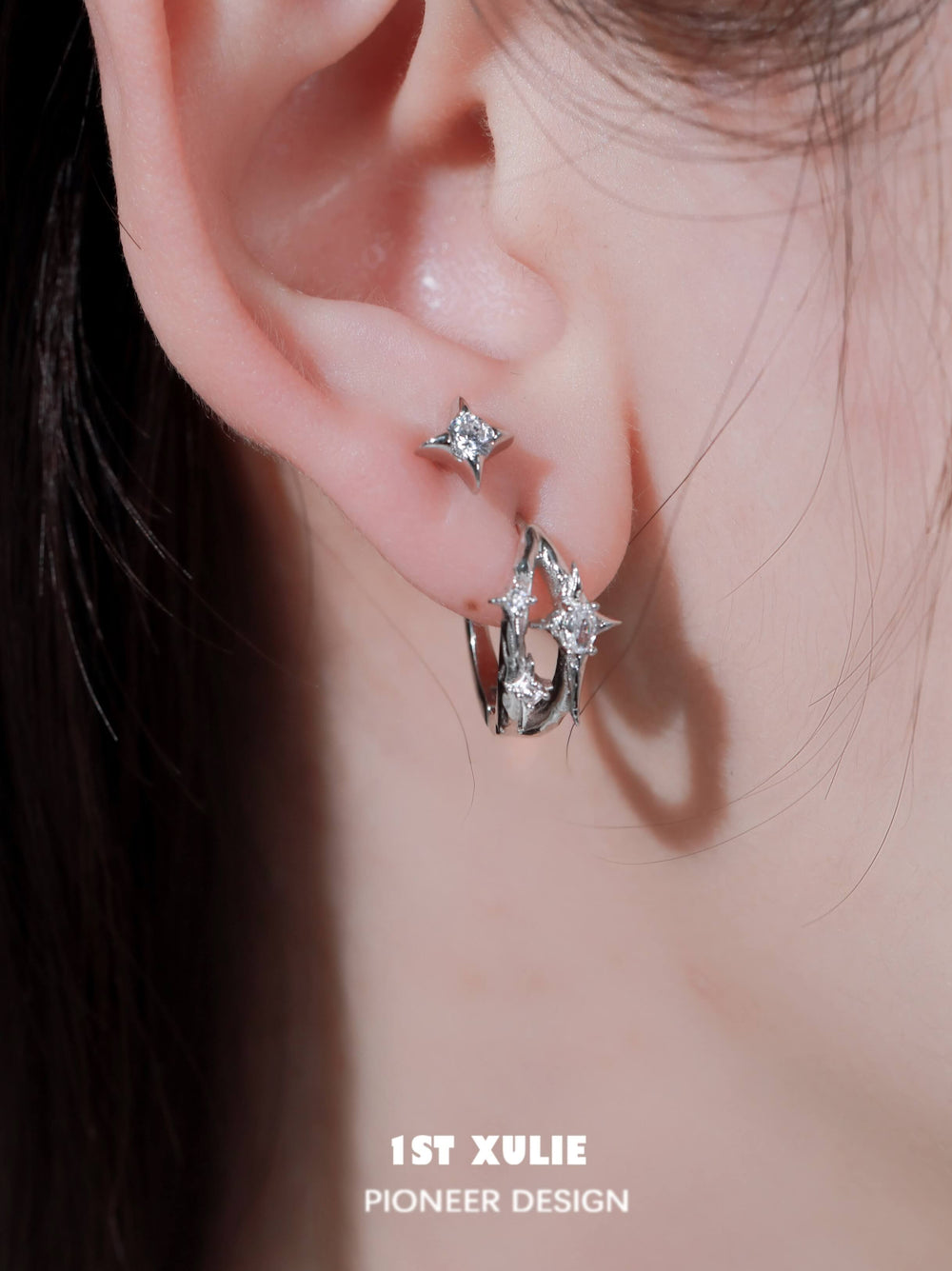 1ST XULIE "Star Trails" Dainty Four-Pointed Star Stud Earrings in 925 Sterling Silver - On Model Close-Up