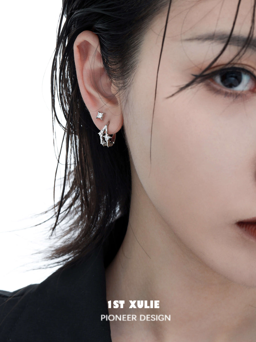 1ST XULIE "Star Trails" Dainty Four-Pointed Star Stud Earrings in 925 Sterling Silver - Size Comparison