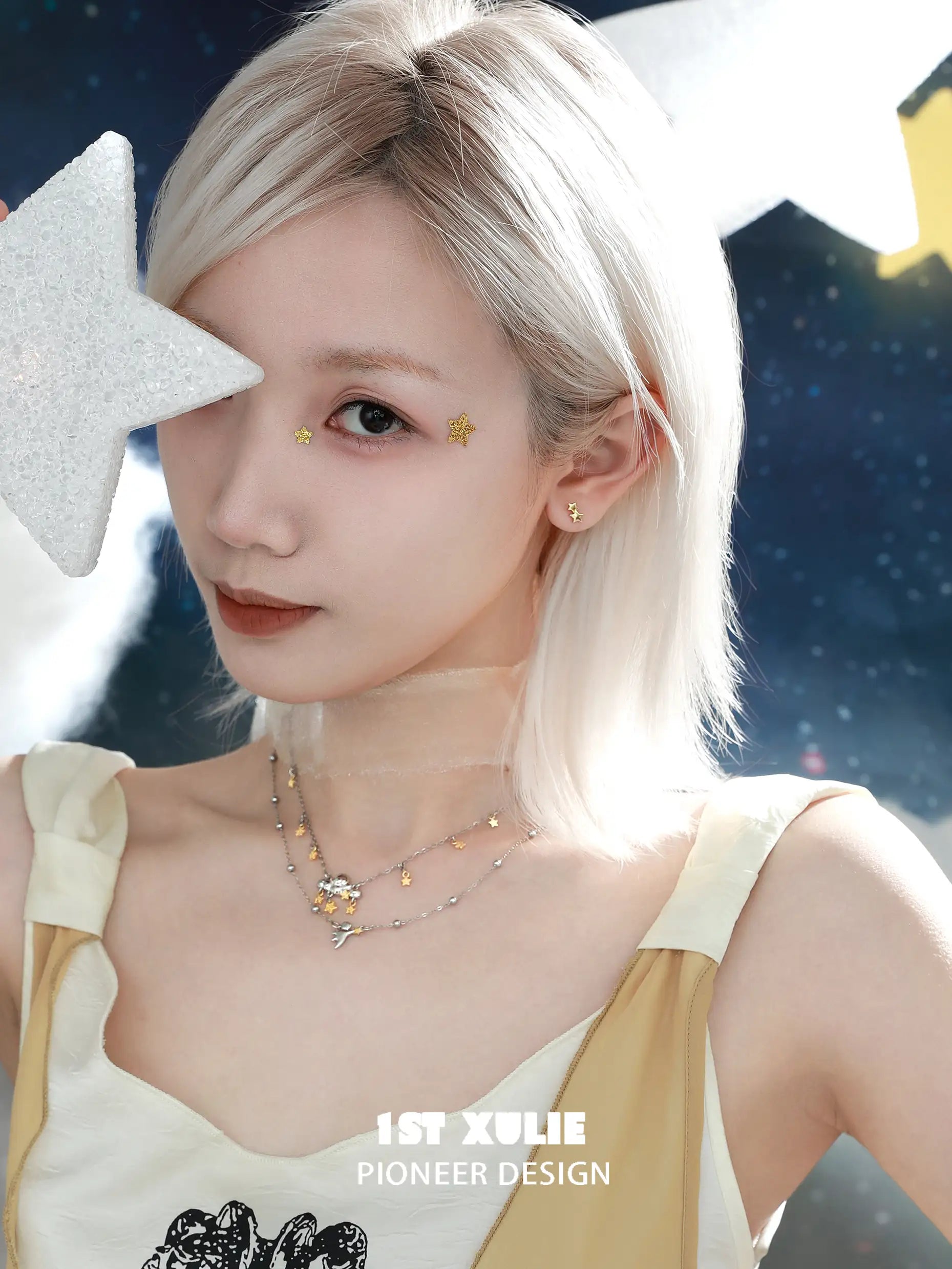 1ST XULIE "Cat's Gaze" Geometric Cat Head Pendant Necklace in 925 Sterling Silver - On Model Close-Up