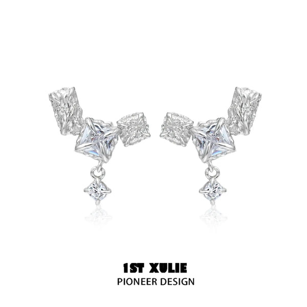 "Silver Angel" 925 Sterling Silver Geometric Zirconia Huggie Earrings, Statement Cartilage Hoops