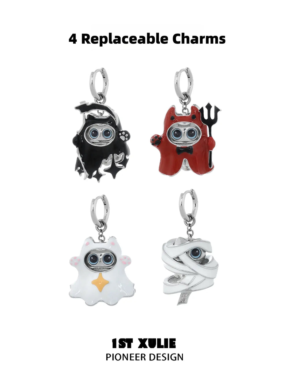 1ST XULIE "CANDLELIGHT GHOST" Interchangeable Ghost Cat Charm Hoop Earrings in Platinum Plated - Lifestyle Shot