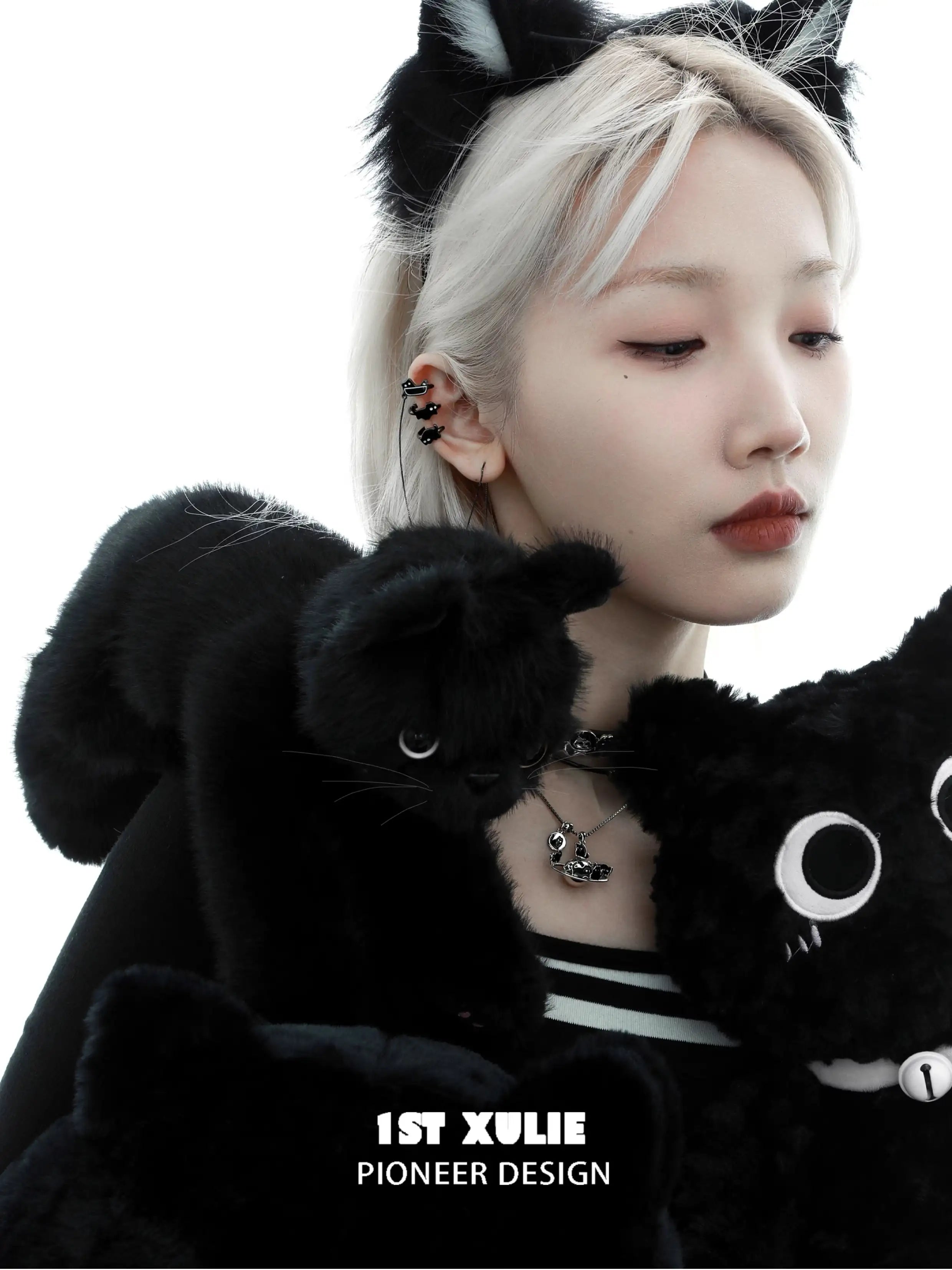 1ST XULIE "Ghosts Black Cat" 18K Black Gold Plated Statement Tassel Dangle Ear Clips - Product Angle 2