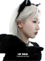 1ST XULIE "Ghosts Black Cat" 18K Black Gold Plated Statement Tassel Dangle Ear Clips - Texture Detail