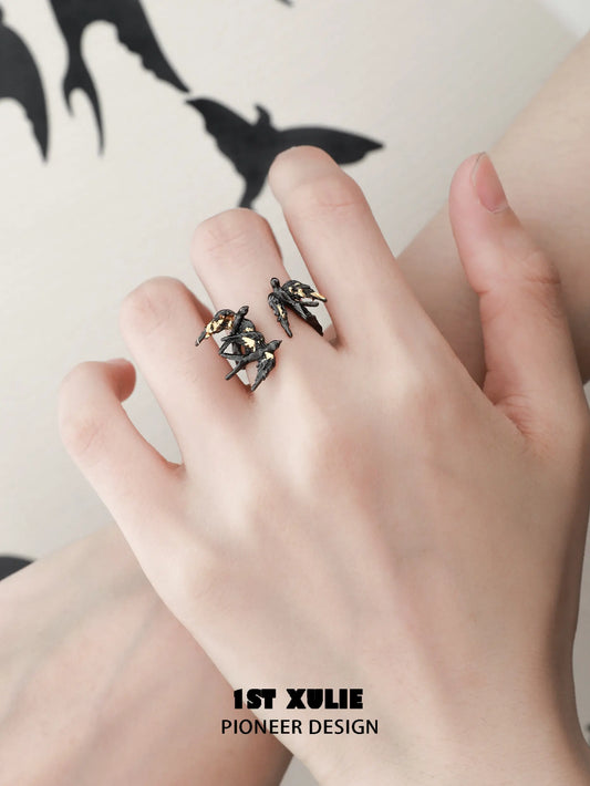 1ST XULIE "Swallow's Return" Artisan Statement Gold Foil Open Band Ring in 925 Sterling Silver - Product View
