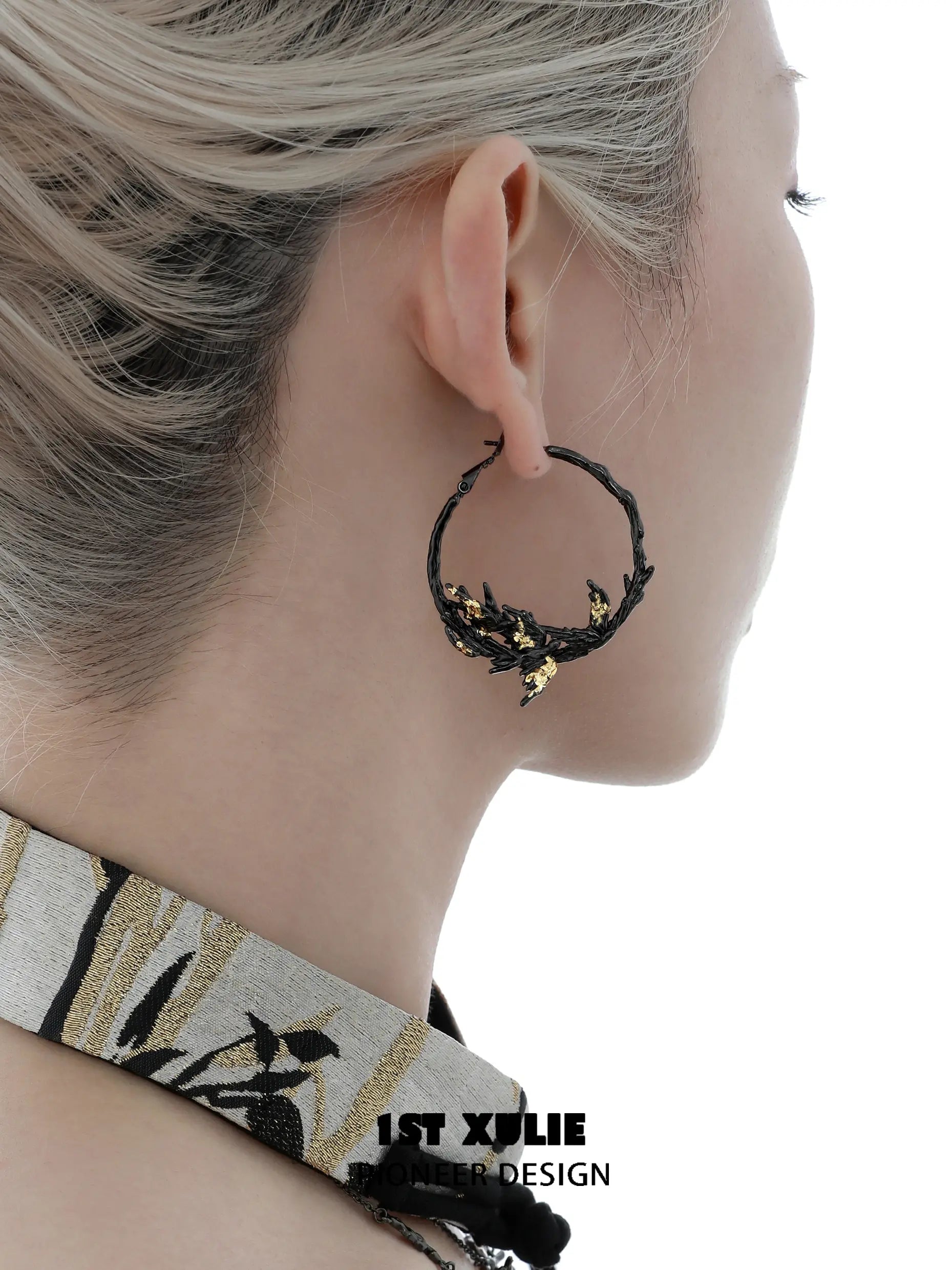 1ST XULIE "Swallow's Return" Gold Leaf Swallow Statement Hoop Earrings in 18K Black Gold Plate - Back View