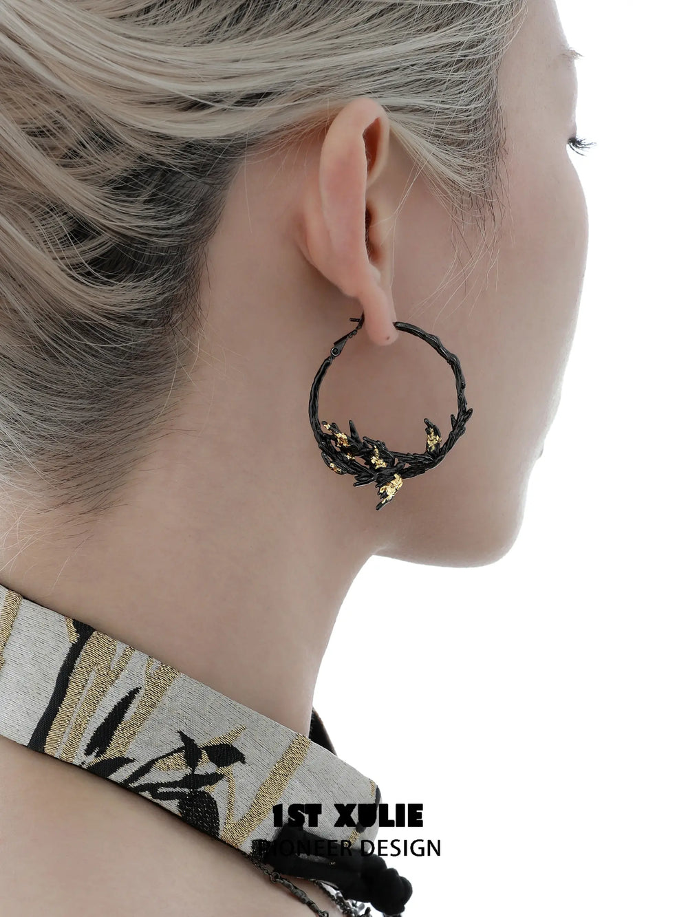 1ST XULIE "Swallow's Return" Gold Leaf Swallow Statement Hoop Earrings in 18K Black Gold Plate - Back View