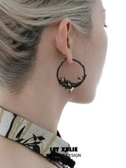1ST XULIE "Swallow's Return" Gold Leaf Swallow Statement Hoop Earrings in 18K Black Gold Plate - Back View