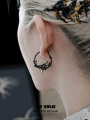 1ST XULIE "Swallow's Return" Gold Leaf Swallow Statement Hoop Earrings in 18K Black Gold Plate - Detail Shot