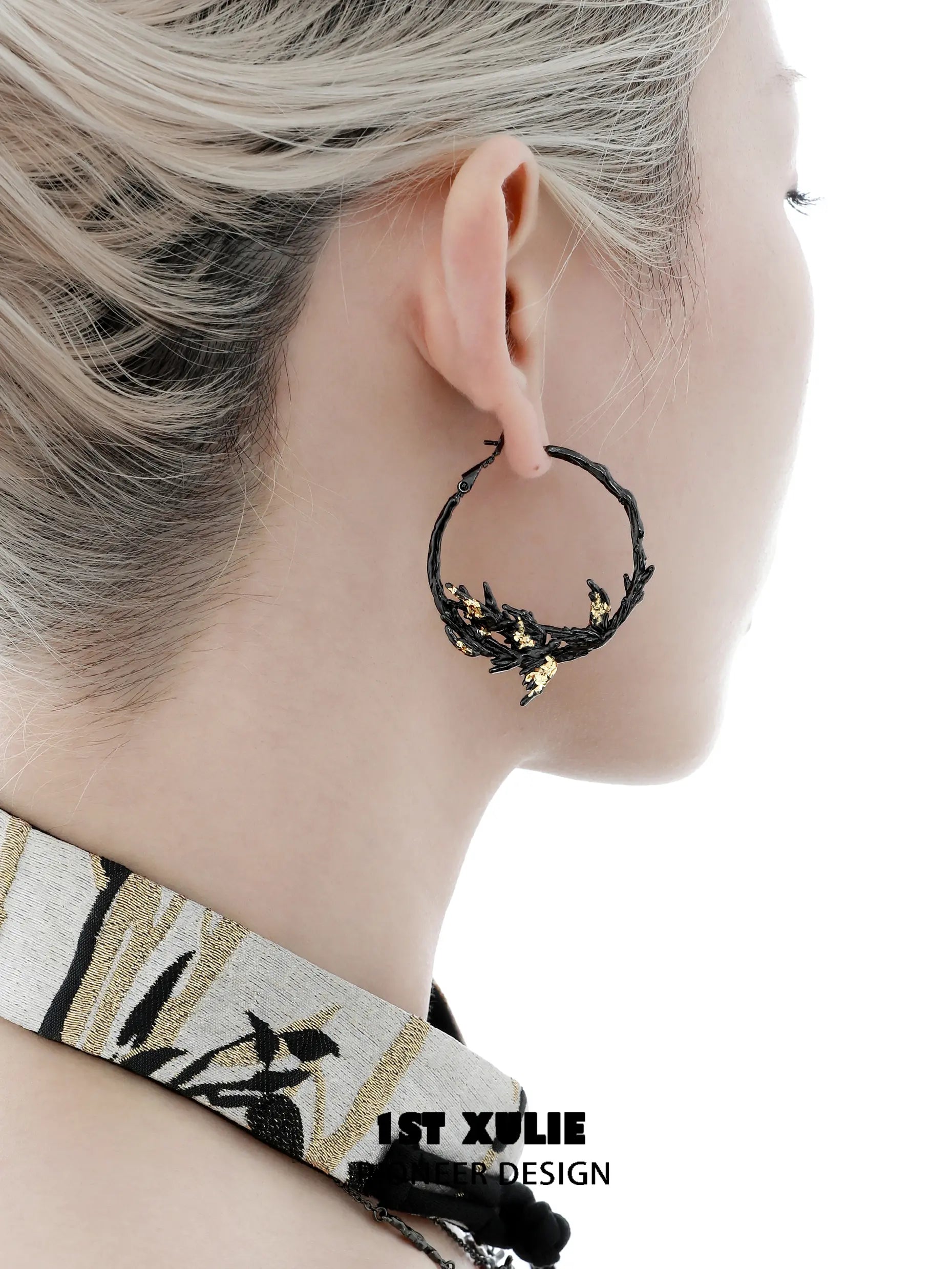 1ST XULIE "Swallow's Return" Gold Leaf Swallow Statement Hoop Earrings in 18K Black Gold Plate - Lifestyle Shot