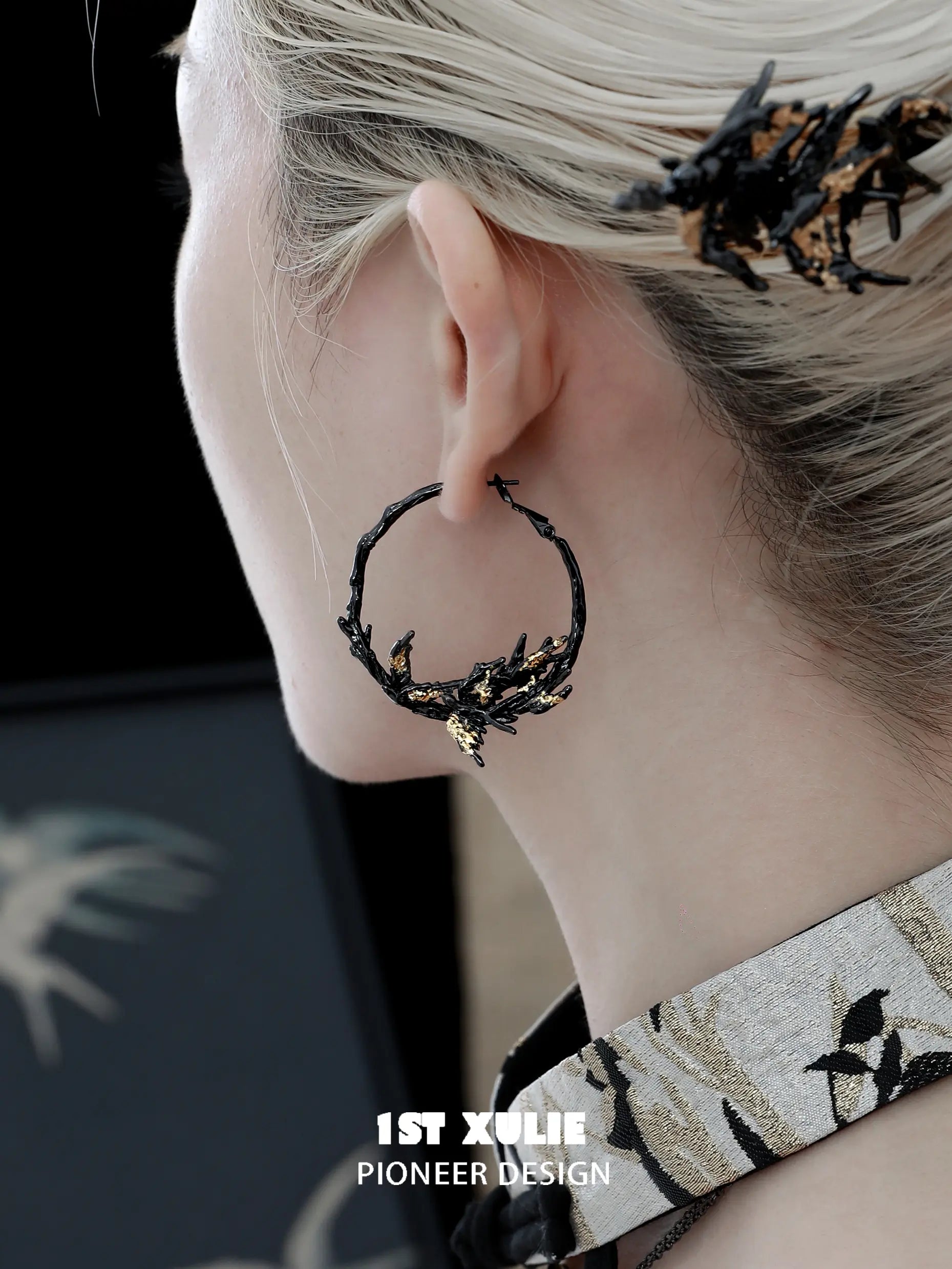 1ST XULIE "Swallow's Return" Gold Leaf Swallow Statement Hoop Earrings in 18K Black Gold Plate - On Model