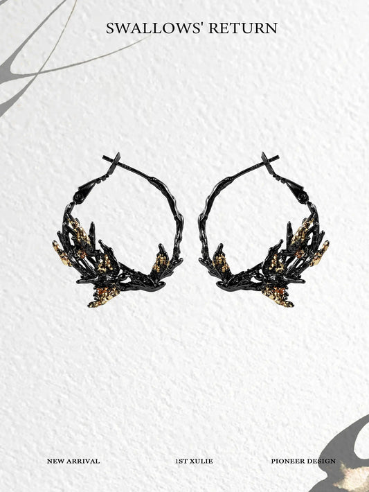 1ST XULIE "Swallow's Return" Gold Leaf Swallow Statement Hoop Earrings in 18K Black Gold Plate - On Model