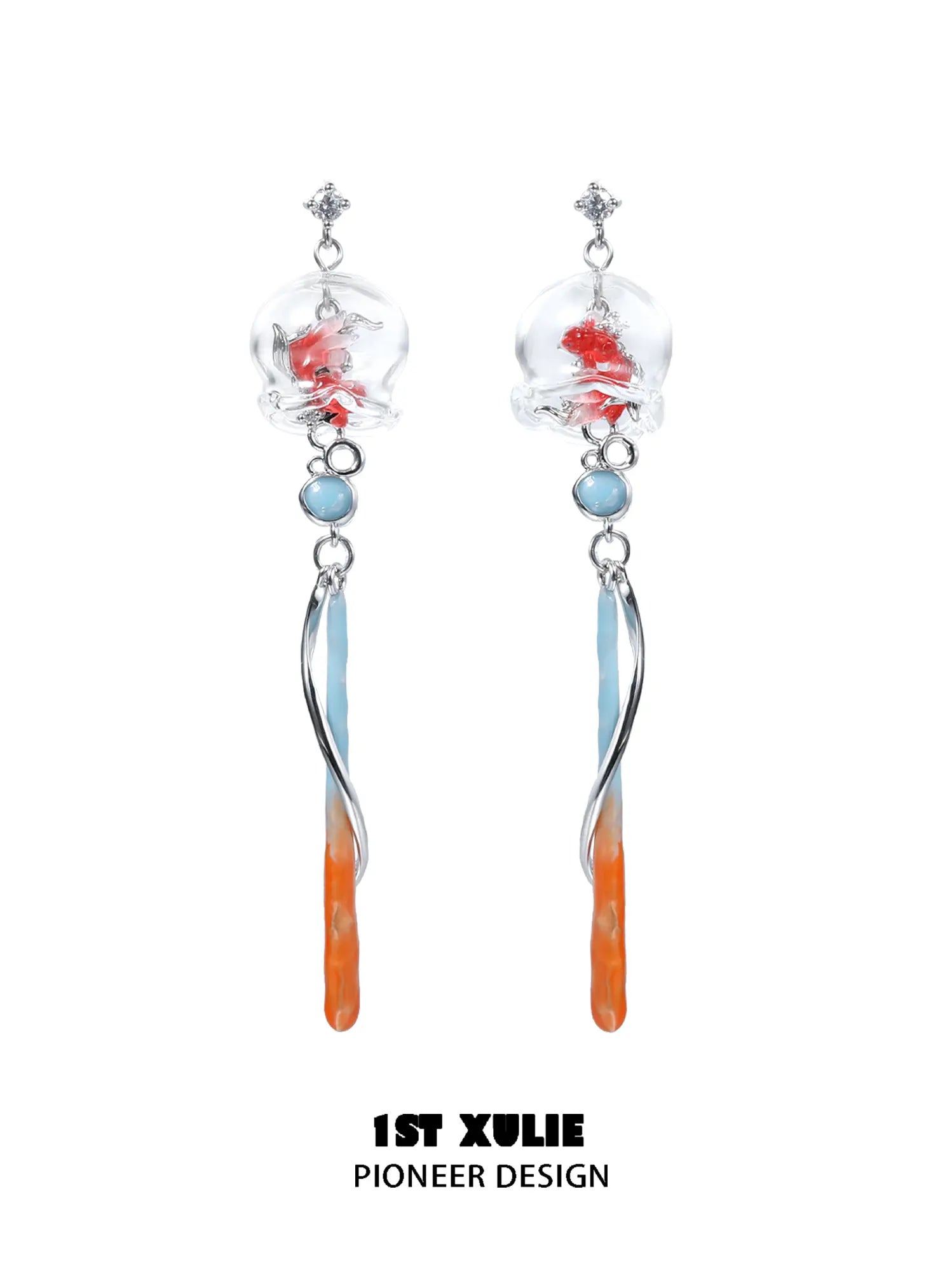 1ST XULIE Jewelry "THE SEA" Whimsical Goldfish Glass Dome Statement Drop Dangle Earrings - Angle 1