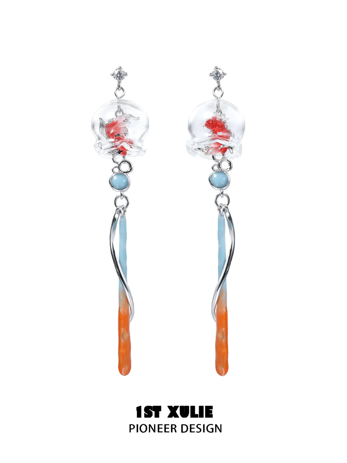 1ST XULIE Jewelry "THE SEA" Whimsical Goldfish Glass Dome Statement Drop Dangle Earrings - Angle 1
