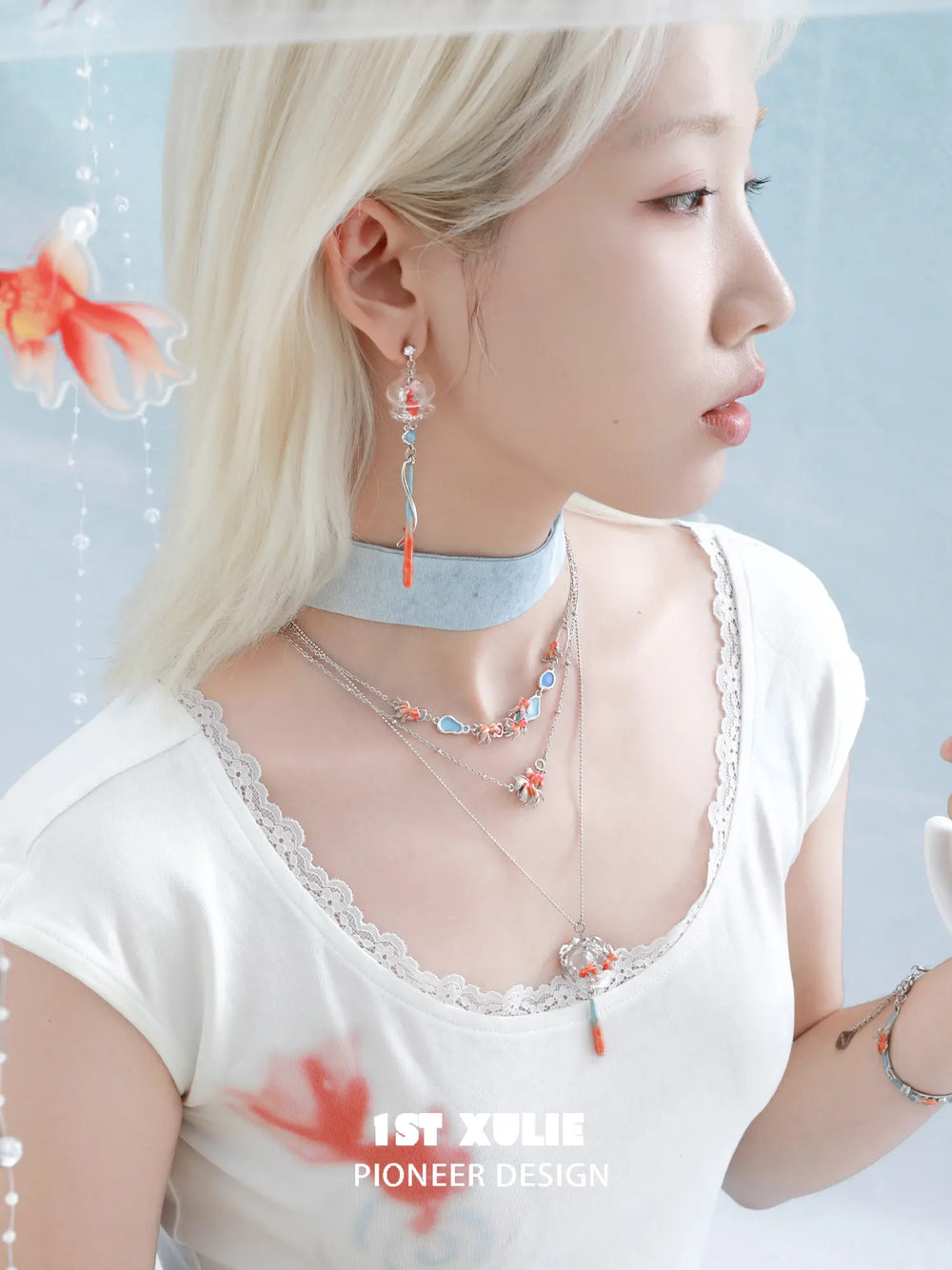 1ST XULIE Jewelry "THE SEA" Whimsical Goldfish Glass Dome Statement Drop Dangle Earrings - Packaging View