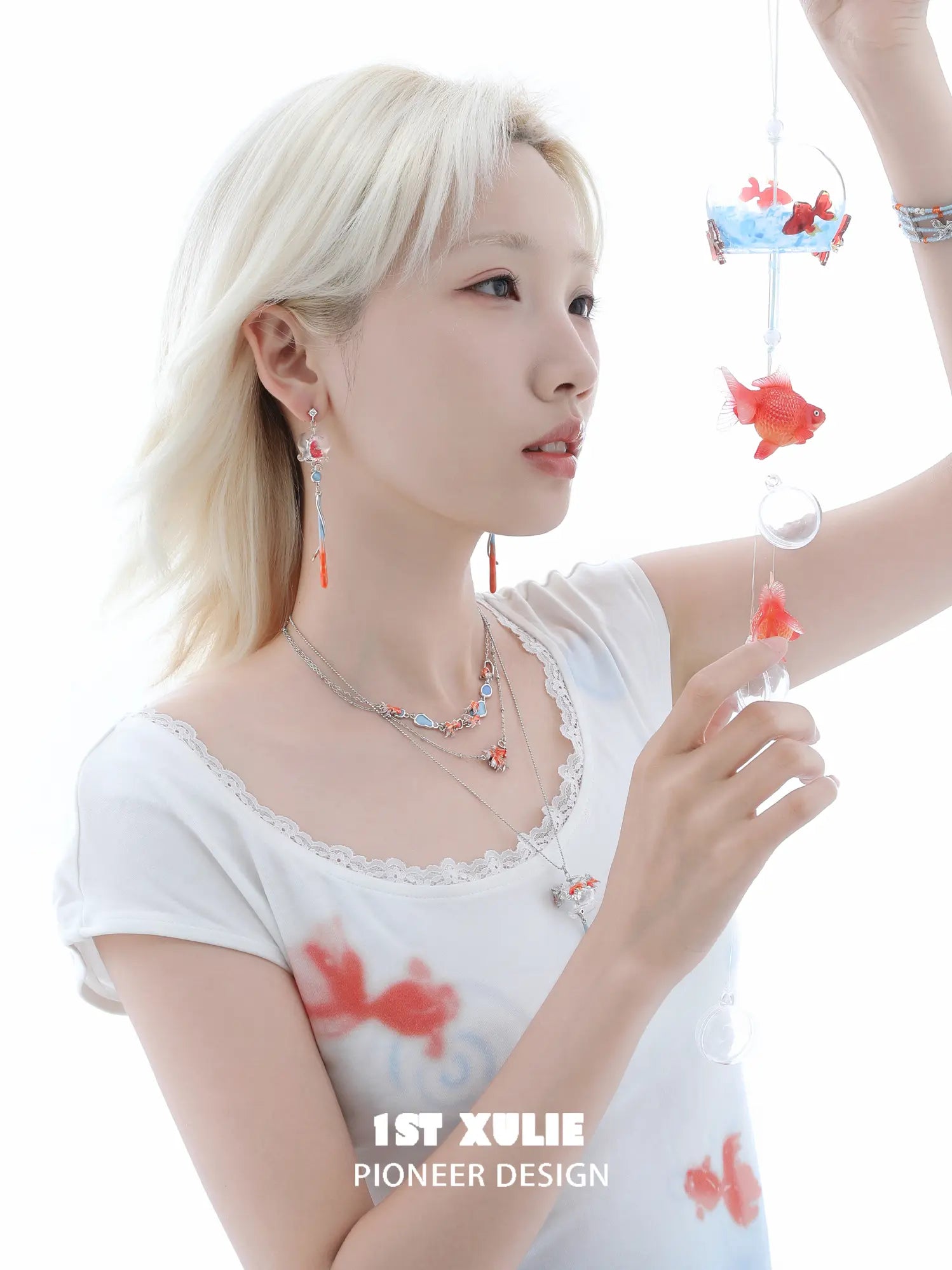1ST XULIE Jewelry "THE SEA" Whimsical Goldfish Glass Dome Statement Drop Dangle Earrings - Side View
