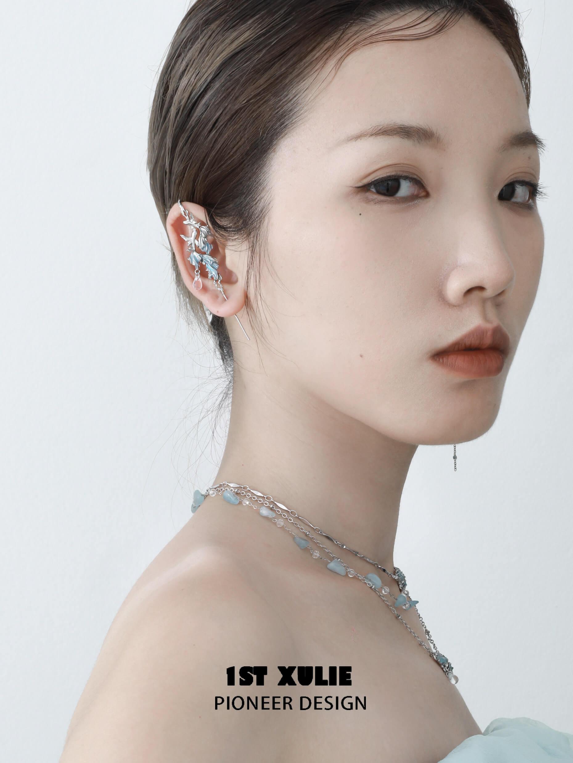 1ST XULIE "The Sea" Whimsical Goldfish Teardrop Dangle Needle Piercing Earrings in Platinum Plated - Side View