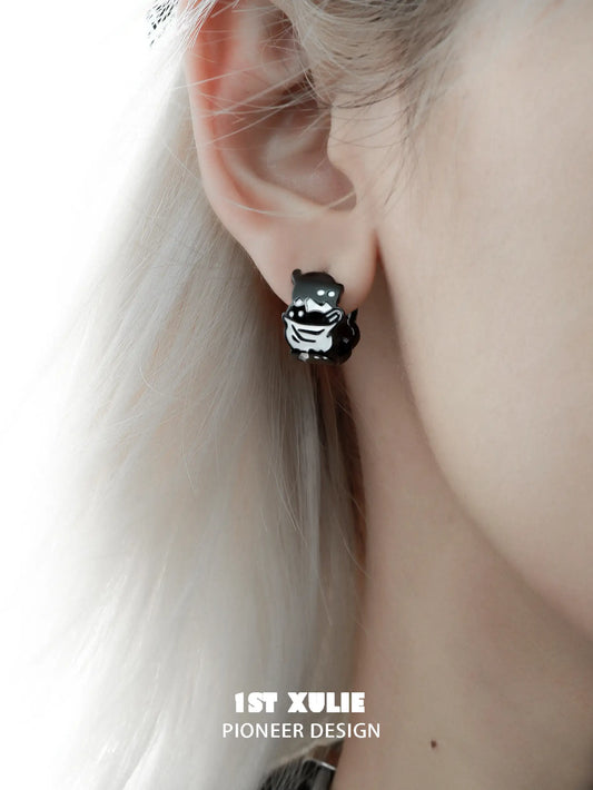 1ST XULIE "Ghosts Black Cat" Gothic Black Cat Dangle Charm Huggie Hoops in 18K Black Gold Plate - Product View