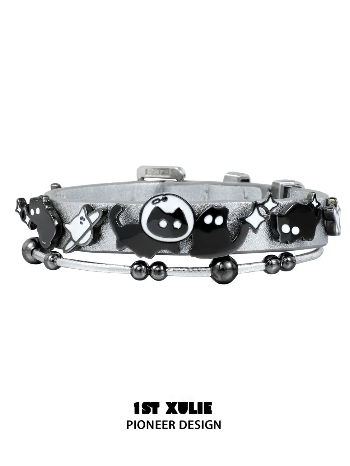 1ST XULIE "Ghosts Black Cat" Gothic Punk Black Cat Leather Charm Bracelet in 18K Black Gold Plated Brass and Leather - Lifestyle Shot