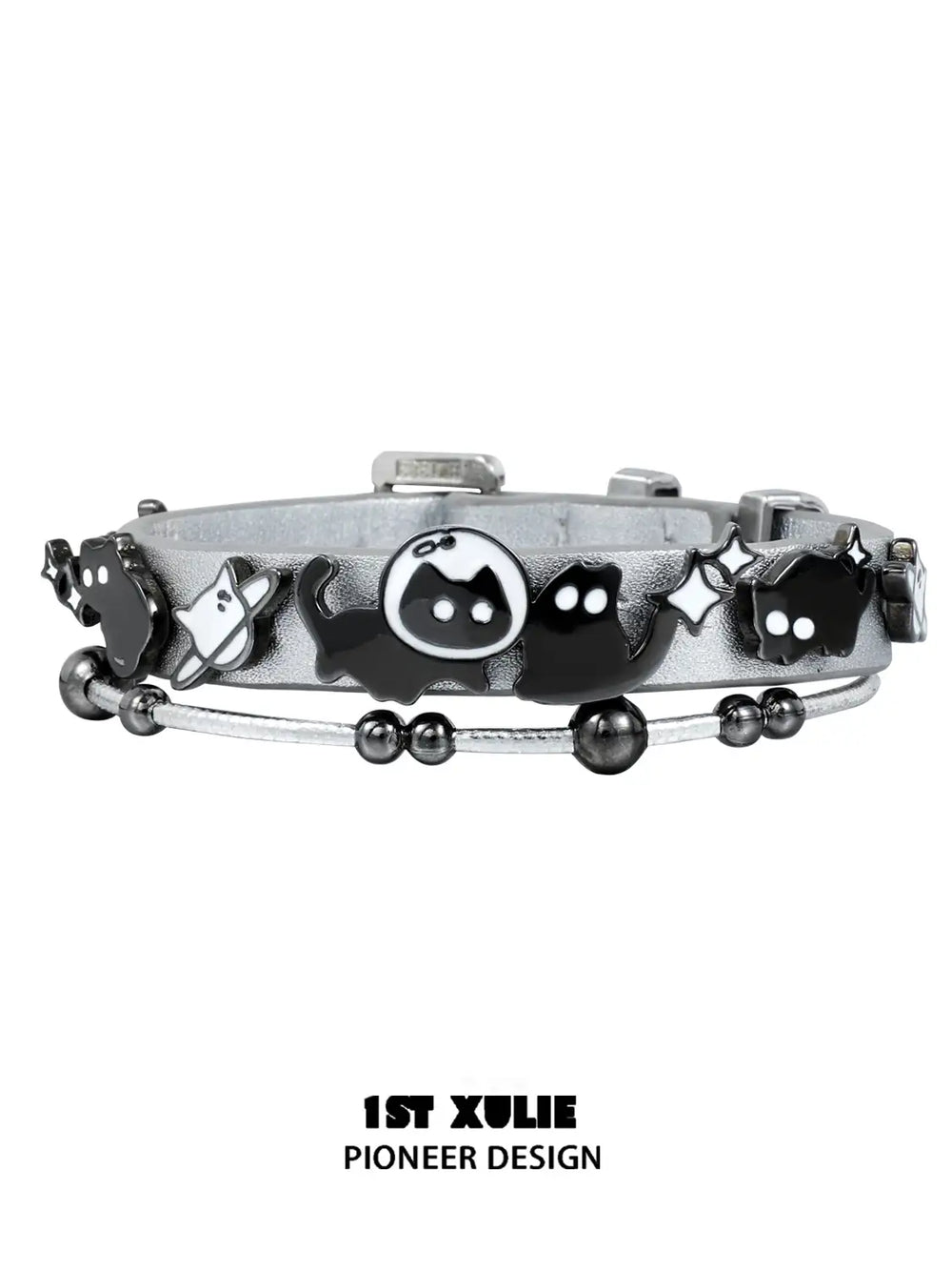 1ST XULIE "Ghosts Black Cat" Gothic Punk Black Cat Leather Charm Bracelet in 18K Black Gold Plated Brass and Leather - Lifestyle Shot