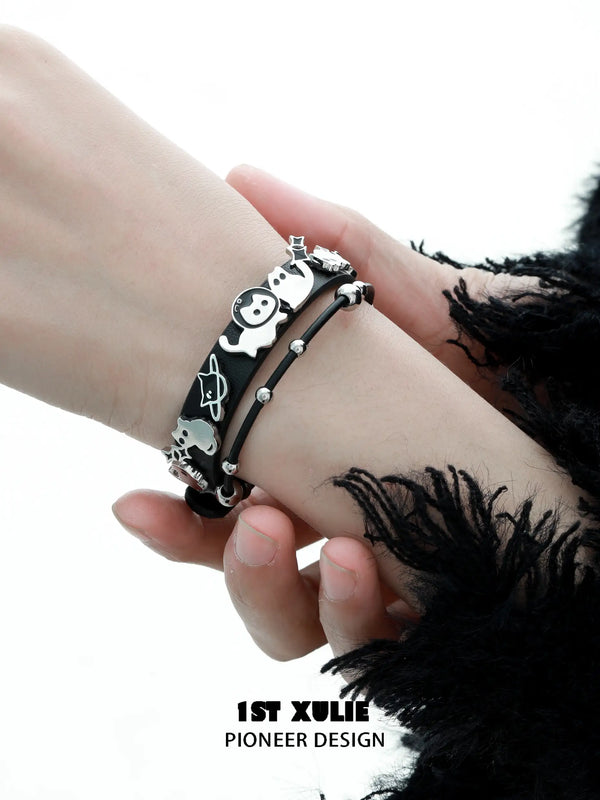 "Ghosts Black Cat" 18K Black Gold Plated Gothic Punk Leather Charm Bracelet
