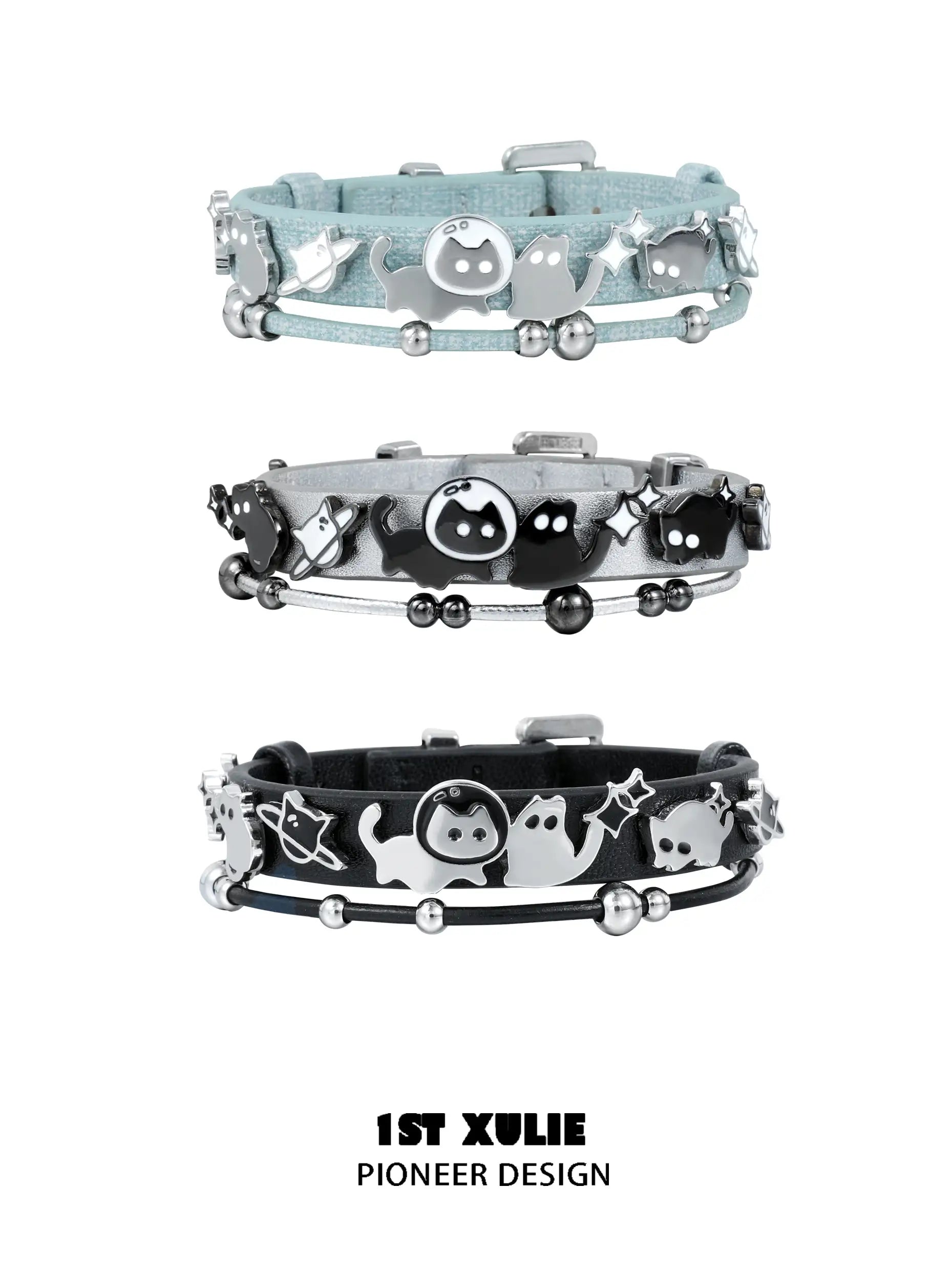 1ST XULIE "Ghosts Black Cat" Gothic Punk Black Cat Leather Charm Bracelet in 18K Black Gold Plated Brass and Leather - On Model