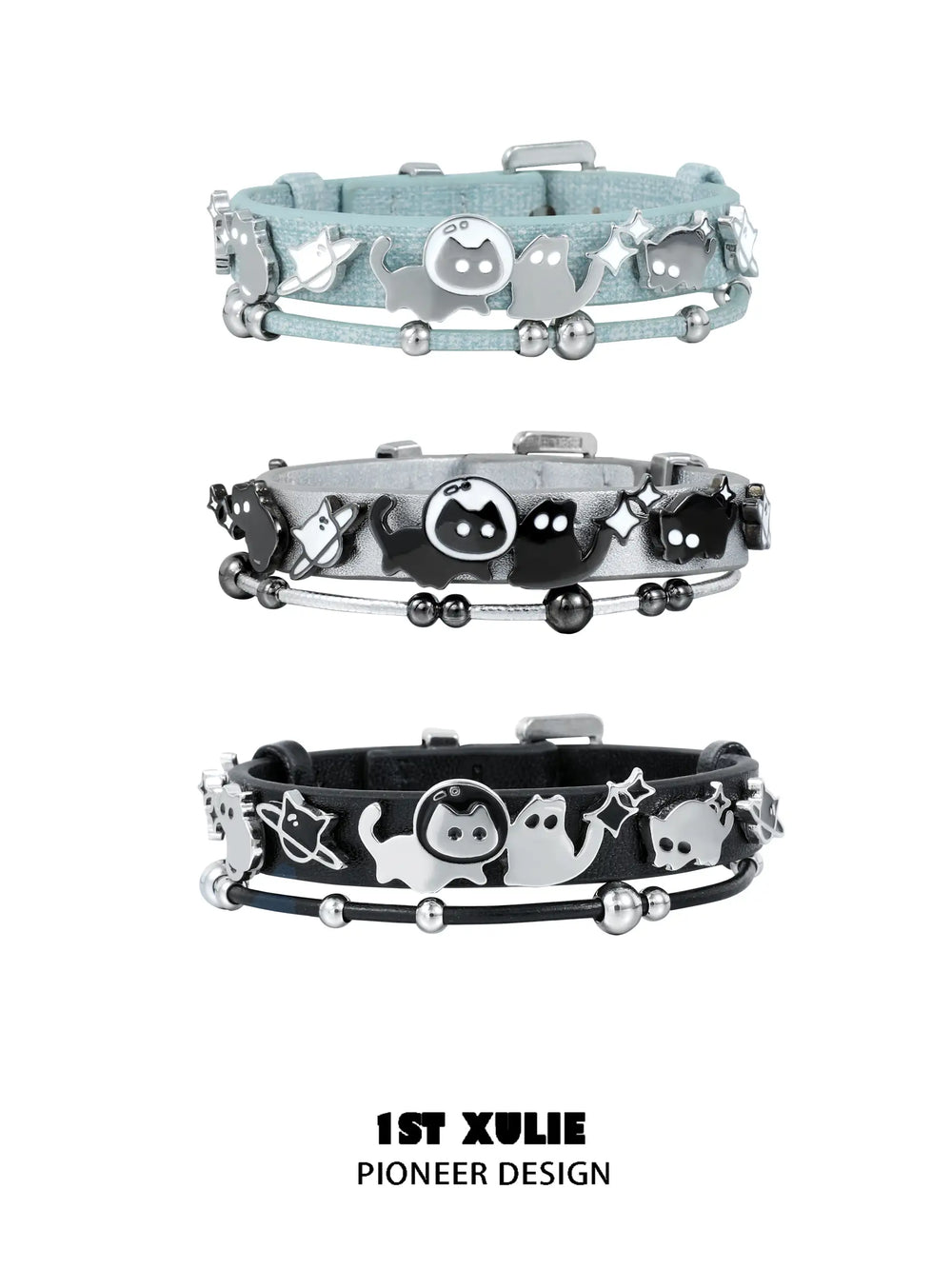 1ST XULIE "Ghosts Black Cat" Gothic Punk Black Cat Leather Charm Bracelet in 18K Black Gold Plated Brass and Leather - On Model
