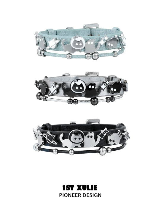1ST XULIE "Ghosts Black Cat" Gothic Punk Black Cat Leather Charm Bracelet in 18K Black Gold Plated Brass and Leather - On Model