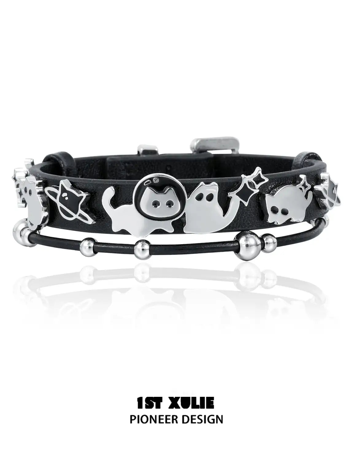 1ST XULIE "Ghosts Black Cat" Gothic Punk Black Cat Leather Charm Bracelet in 18K Black Gold Plated Brass and Leather - On Model Close-up