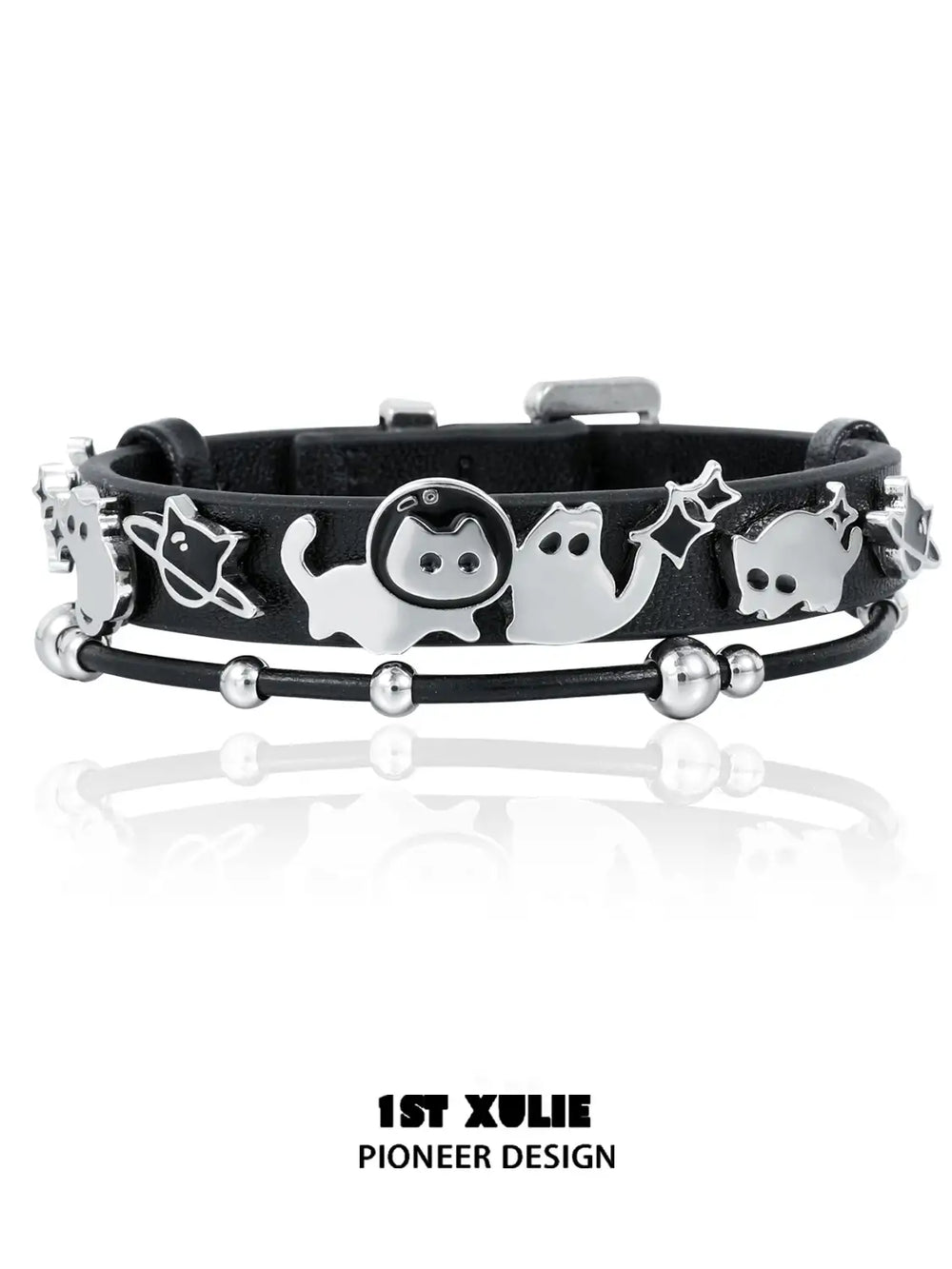 1ST XULIE "Ghosts Black Cat" Gothic Punk Black Cat Leather Charm Bracelet in 18K Black Gold Plated Brass and Leather - On Model Close-up