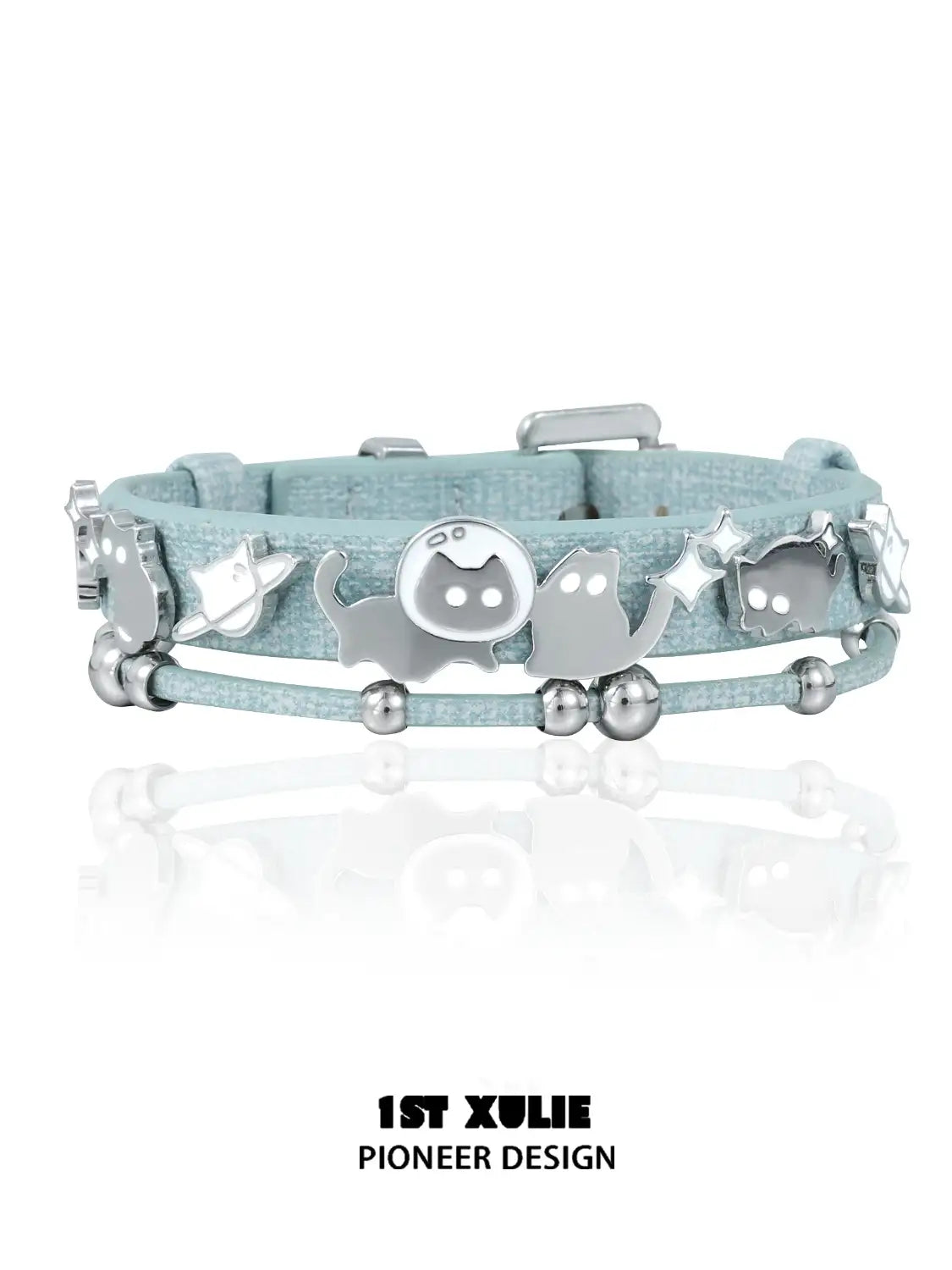 1ST XULIE "Ghosts Black Cat" Gothic Punk Black Cat Leather Charm Bracelet in 18K Black Gold Plated Brass and Leather - Texture Detail