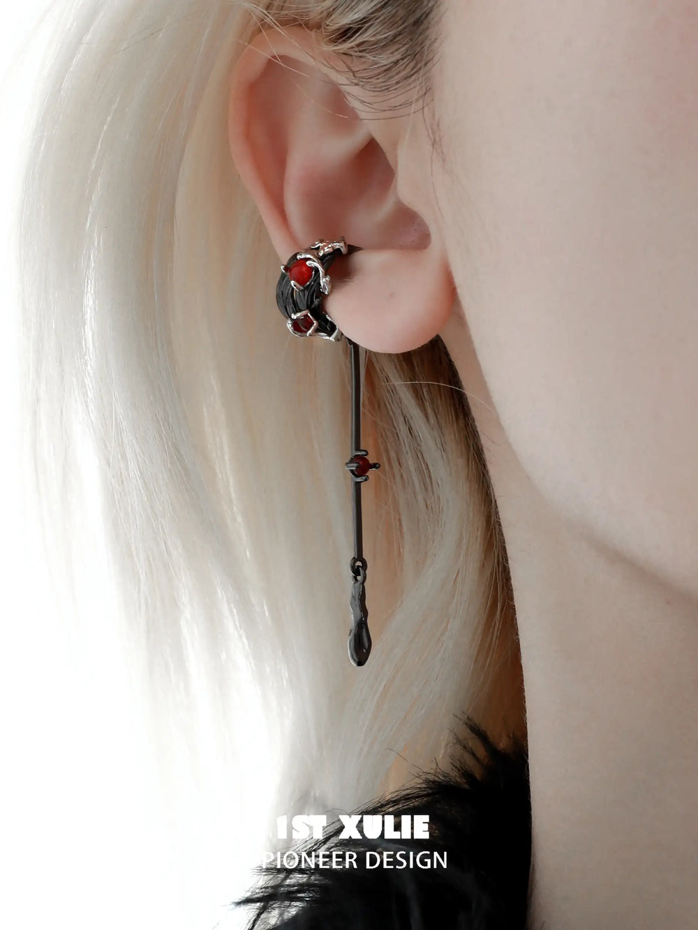 1ST XULIE "Lucifer" Gothic Black Swan Feather Dangle Ear Cuffs in Black Gold Plated - Detail Shot