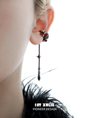 1ST XULIE "Lucifer" Gothic Black Swan Feather Dangle Ear Cuffs in Black Gold Plated - Side View