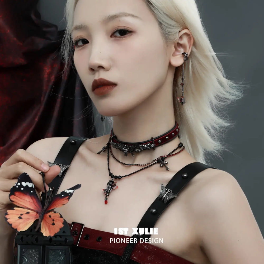1ST XULIE "Butterfly Wasteland" Gothic Butterfly Beacon Choker in Black Platinum Plated - Detail Shot