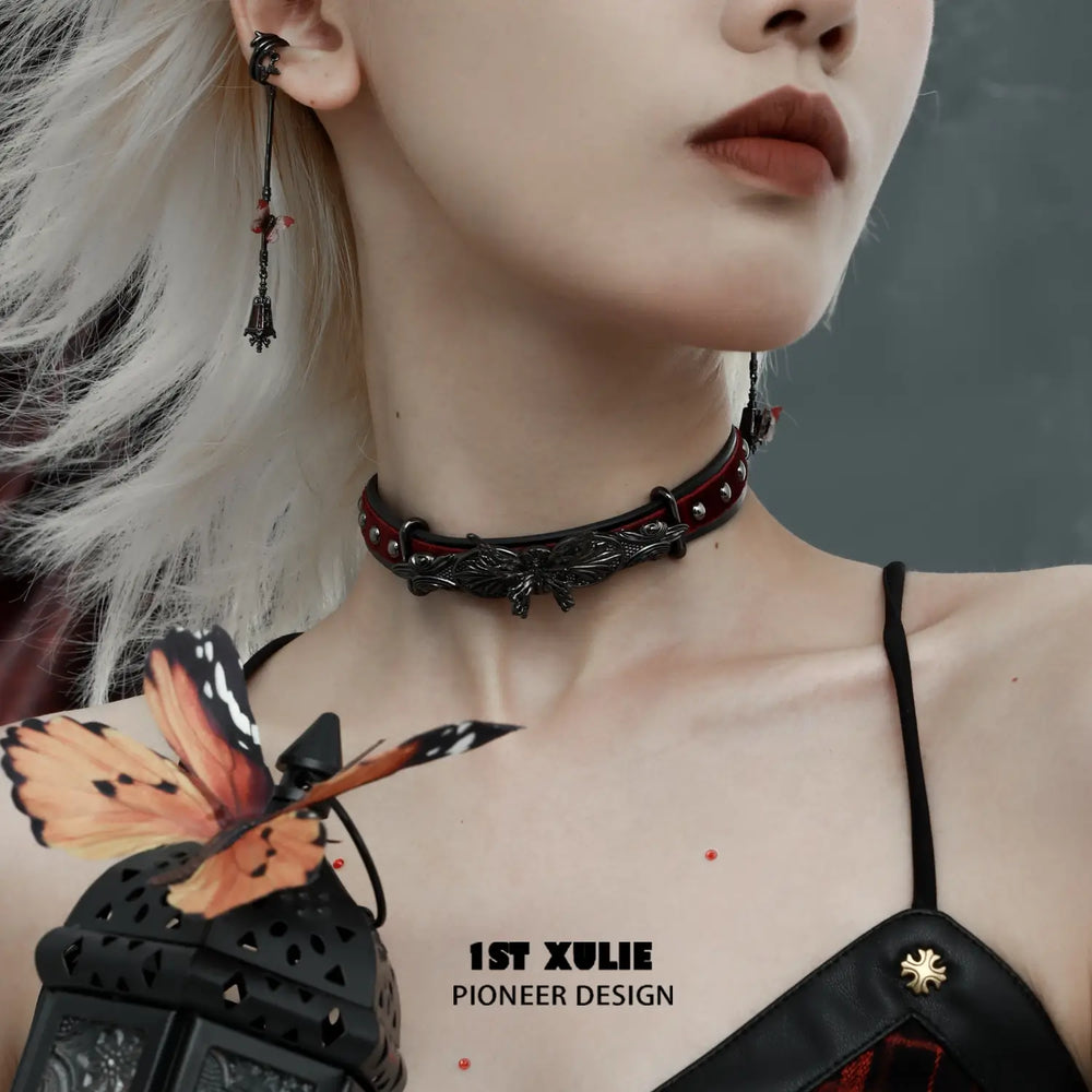 1ST XULIE "Butterfly Wasteland" Gothic Butterfly Beacon Choker in Black Platinum Plated - On Model Close-Up