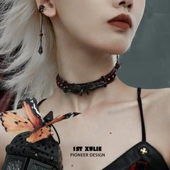 1ST XULIE "Butterfly Wasteland" Gothic Butterfly Beacon Choker in Black Platinum Plated - On Model Close-Up