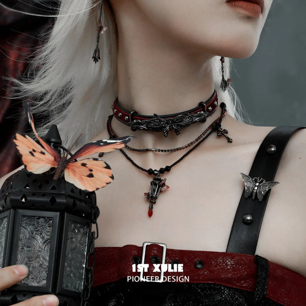 "Butterfly Wasteland" Black Platinum Plated Gothic Butterfly Beacon Choker, Statement Necklace