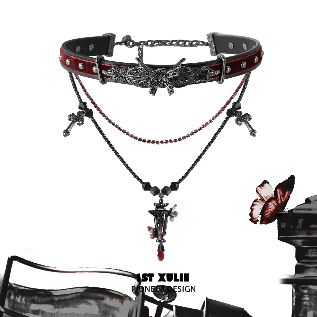 1ST XULIE "Butterfly Wasteland" Gothic Butterfly Beacon Choker in Black Platinum Plated - Product View (Version B)