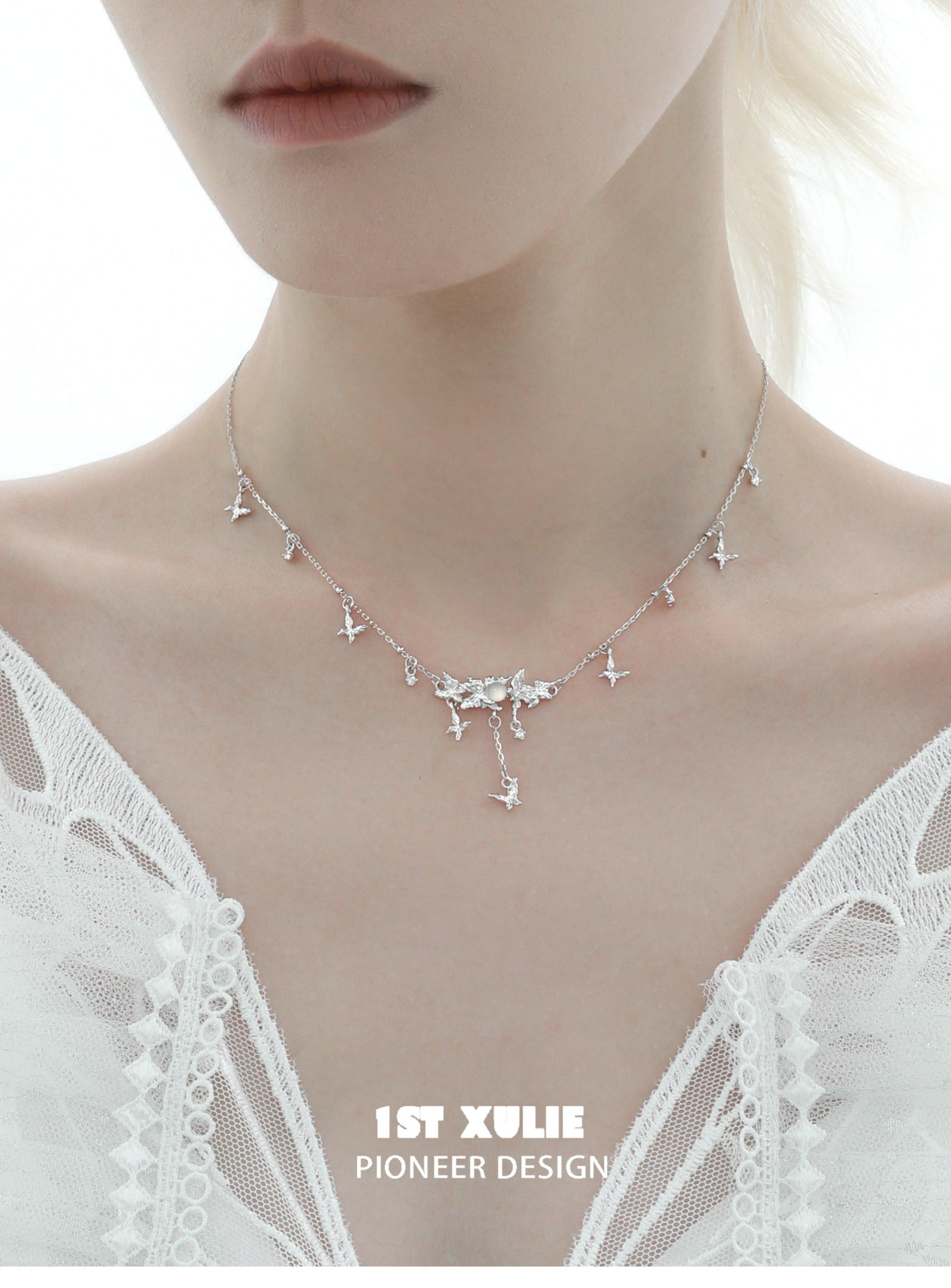 1ST XULIE "Whiterfly" Gothic Butterfly Bone Agate Necklace in Platinum Plated - Product View