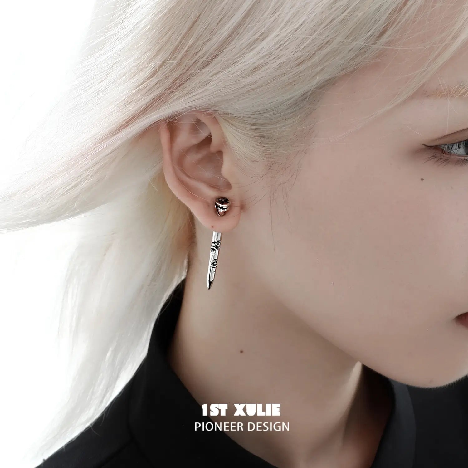 1ST XULIE "Whiterfly" Gothic Butterfly Dangle Stud Earrings in Platinum Plated Brass - Detail Shot