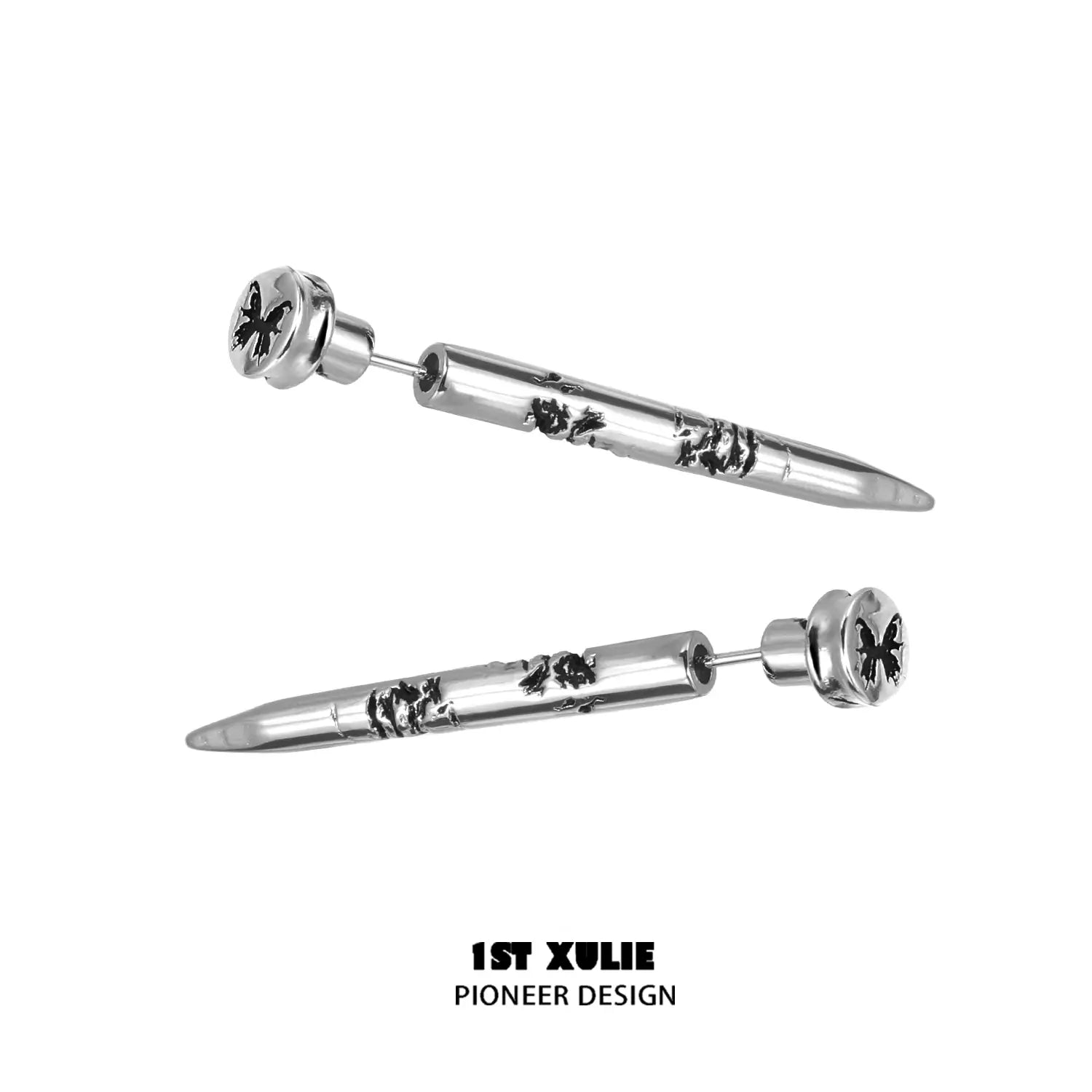 1ST XULIE "Whiterfly" Gothic Butterfly Dangle Stud Earrings in Platinum Plated Brass - On Model