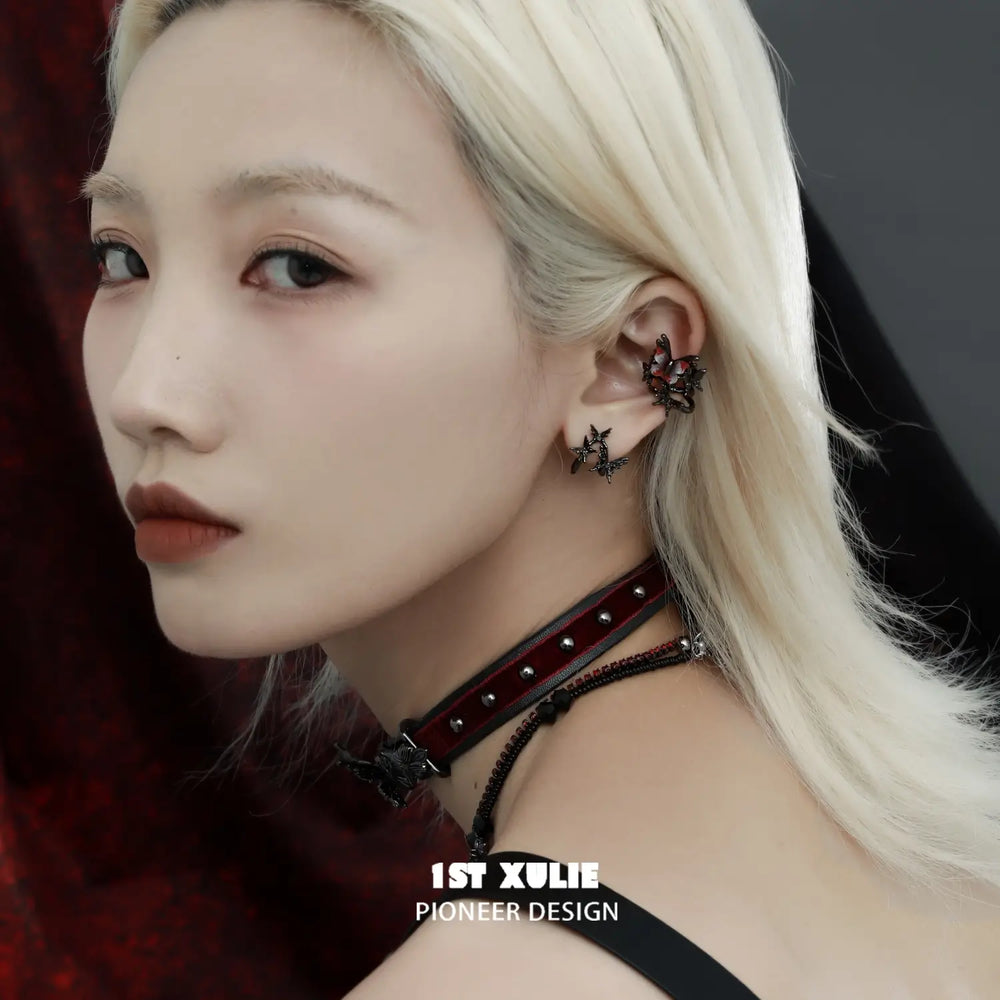 1ST XULIE "Butterfly Wasteland" Gothic Butterfly Ear Cuffs in Black Platinum Plating - Product View