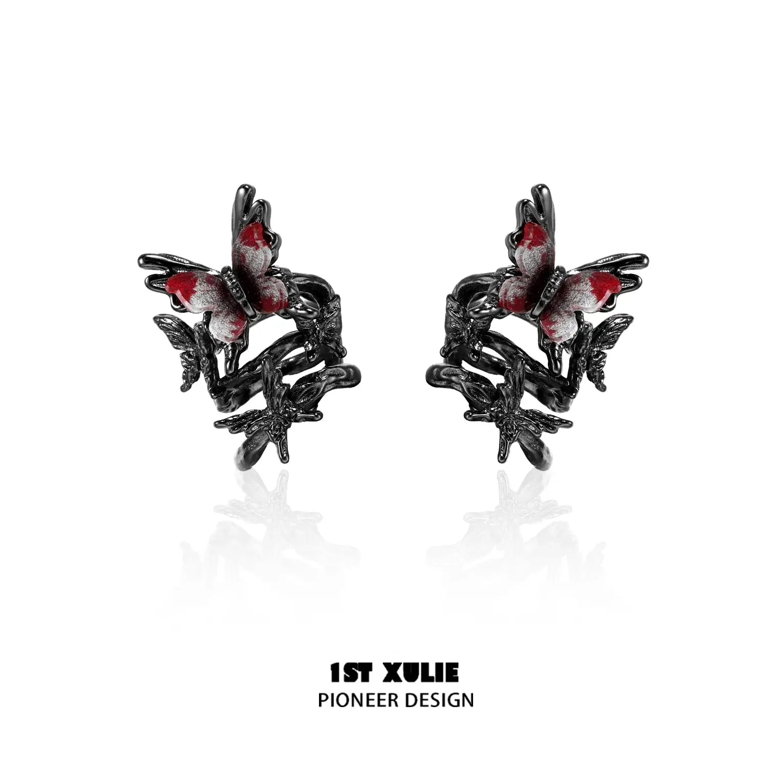 1ST XULIE "Butterfly Wasteland" Gothic Butterfly Ear Cuffs in Black Platinum Plating - On Model Close-Up