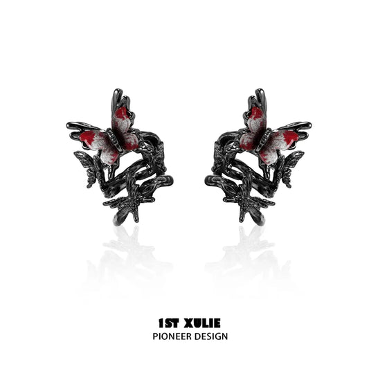 1ST XULIE "Butterfly Wasteland" Gothic Butterfly Ear Cuffs in Black Platinum Plating - On Model Close-Up