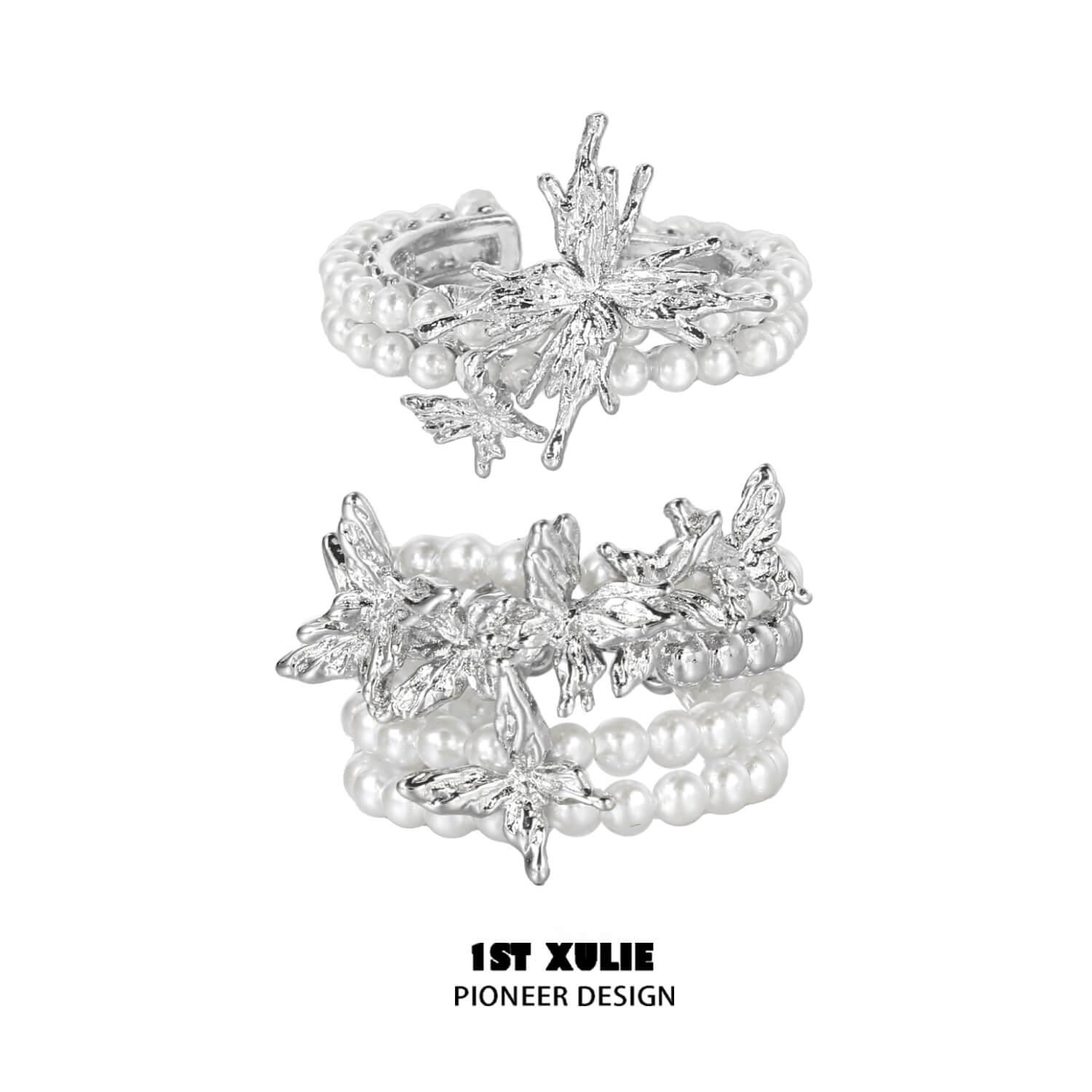 1ST XULIE "Whiterfly" Gothic Butterfly Pearl Ring in 925 Sterling Silver - Detail Shot