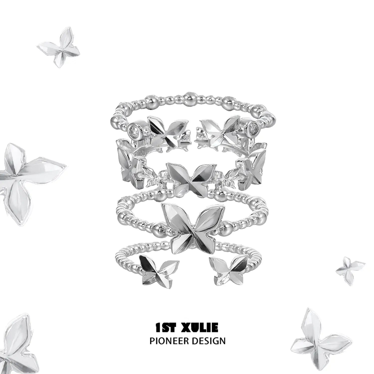 1ST XULIE "Whiterfly" Gothic Butterfly Rings Set in 925 Sterling Silver - Product View