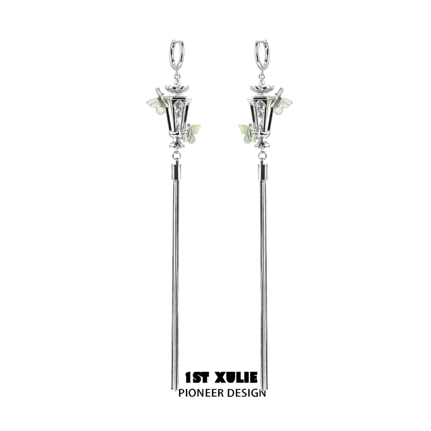 1ST XULIE "Butterfly Wasteland" Gothic Butterfly Beacon Tassel Earrings in Black & Platinum Plating - Detail Shot